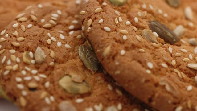 Fresh oatmeal cookies fall sesame. Close up of healthy eating with oatmeal cookies or oatmeal cakes. The concept of vegetarian food