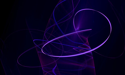 Purple violet neon twirls, swirls and stains in digital 3d image illustrating vortex of glowing hologram in dark space. Great as cover print for electronic devices, stylish background, wallpaper. 