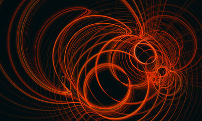 Dynamic vortex of red glowing circles in dark 3d space. Rushing blowing up curves in fiery digital phantasmagoria. Concept of sound vibration and volume waves. Great as cover print, wallpaper, art.