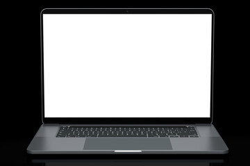 Realistic aluminum laptop with empty white screen isolated on black background.