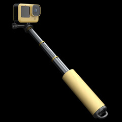 Photo and video lightweight yellow action camera with selfie stick on black