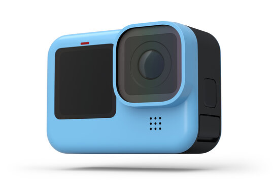 Photo and video lightweight blue action camera with display on white background