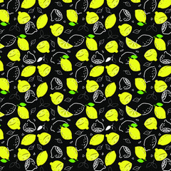 Seamless pattern, whole lemons and lemon slices on a white background.