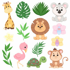 Vector safari animals and tropical plants © ekkoss