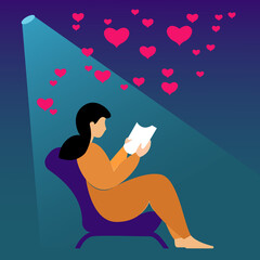 A young girl is sitting in an armchair, holding a book in her hands and reading an interesting love novel. Vector illustration.