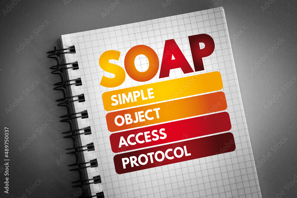 Poster soap - simple object access protocol acronym on notepad, technology concept background