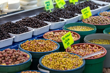 Naklejka premium A market selling olives in Antalya bazaar . Selevtive Focus