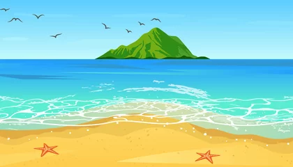 Fotobehang Tropical blue sea and a sand beach with mountain on horizon, vector background. © makyzz