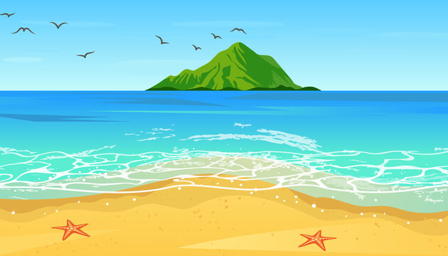 Tropical blue sea and a sand beach with mountain on horizon, vector background.