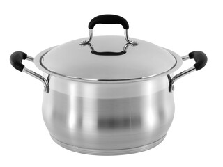 kitchen stainless steel cookware on white background