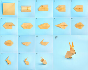 Origami Bunny. Step-by-step photo instruction on a blue background. Easter bunny. DIY concept