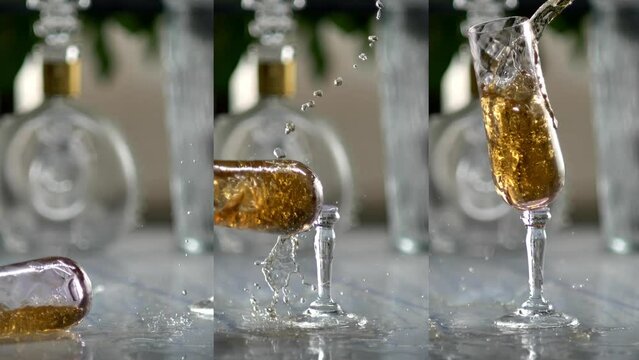 Triple Champagne glasses break in close up slow motion