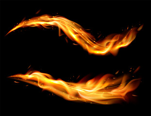 Golden shimmering waves with fiery effect. Realistic flame tongues. Dynamic isolated vector set