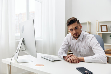 Fototapeta premium manager office worker in a white shirt emotions technologies