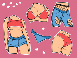 Vector sticker pack with women lingerie, jeans, shorts and bra. Cartoon woman body illustration. Stickers with female clothing vector set.