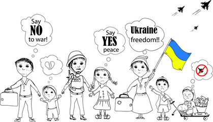 Say no to war! The war in Ukraine. Ukrainian flag. Ukrainian families and children fleeing the war. Vector banner.