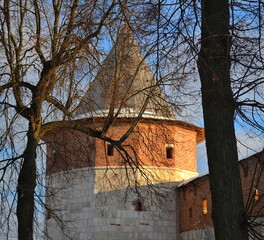 A view of an ancient tower of Zaraysk kremlin on a sunny  winter day