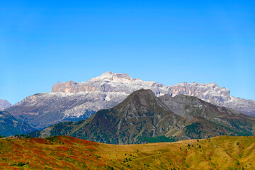 Panoramic view of Sella Group in the Dolomites, Italy, Europe. Italian alpine landscape. Travel icons of Italy.   