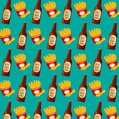 Pattern with fast food french fries and bottle of beer concept vector template