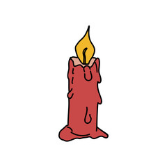 Vector illustration of lit candle with flame and wax running down. Burning holiday decoration for Birthday party, in memory or mystical. Black outline doodle, colored and glowing symbol of Christmas