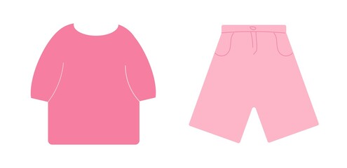 Spring casual clothes. Cartoon children seasonal spring, summer, autumn clothes. T-shirt, cropped pants. Vector flat simple set of colored clothes for boy and girl.