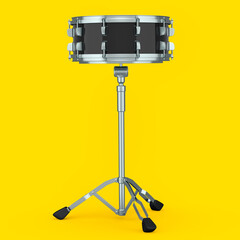 Realistic drum and wooden drum sticks and stand on yellow background