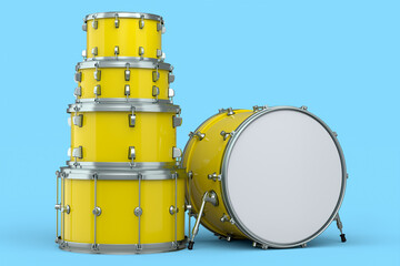 Fototapeta na wymiar Set of realistic drums or drumset on blue background