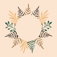 Fototapeta na wymiar Summer tropical banner in boho style. Earthy beige, green colors. Botanical, tropical leaves, plant branches for summer sale banners, wall art, fabrics, design. Simple flat style vector illustration.