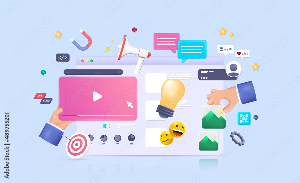 Poster Cartoon realism 3D illustration with screen and objects Seo optimization, marketing business technology, data analysis, website research. Development banner with 3d rendering design. Vector Seo design