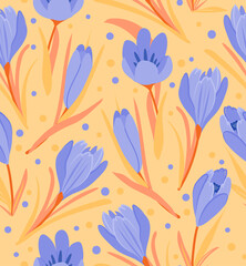 Violet crocus seamless pattern on yellow background. Spring flowers vector illustration for packaging, wallpaper, cover, poster, template, and more