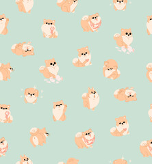 Spitz dog seamless pattern. Cute funny dogs in different poses on pastel green background. Vector flat illustration for packaging, wallpaper, cover, poster, template, and more
