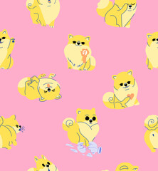 Obraz premium Spitz dog seamless pattern. Yellow dogs in different poses on pink background. Vector flat illustration for packaging, wallpaper, cover, poster, template, and more