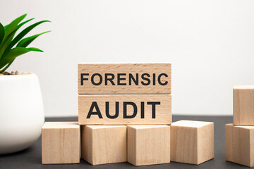 The name forensic audit was created from wooden letter cubes. Economics and finance. close up.