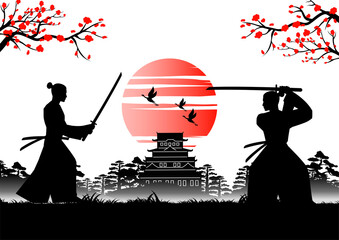 Japanese art with ancient design of samurai training sword near emperor castle,vector illustration - obrazy, fototapety, plakaty
