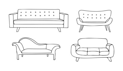 Doodle sofa icons collection in vector. Sofa hand drawn icons set in vector. Illustration doodle sofa in vector