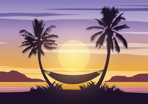 Silhouette art design of sea on sunset time and palm trees with a hammock,vector illustration