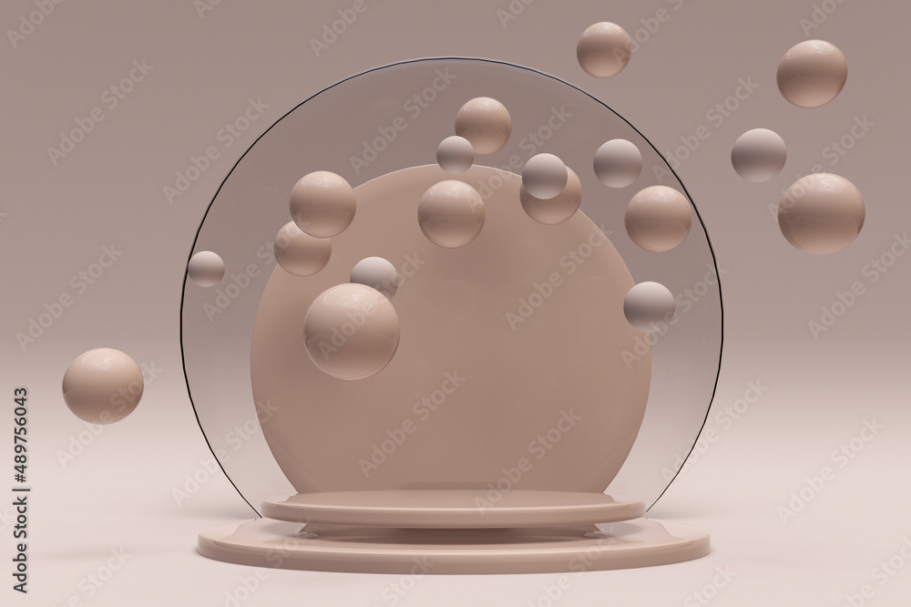 Poster 3d beige background with flying bubbles and empty round podium. abstract design with spheres. digita