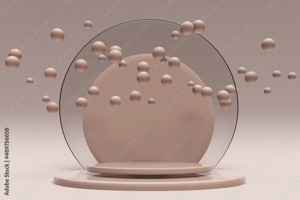 Poster 3d beige background with flying bubbles and empty round podium. abstract design with spheres. digita