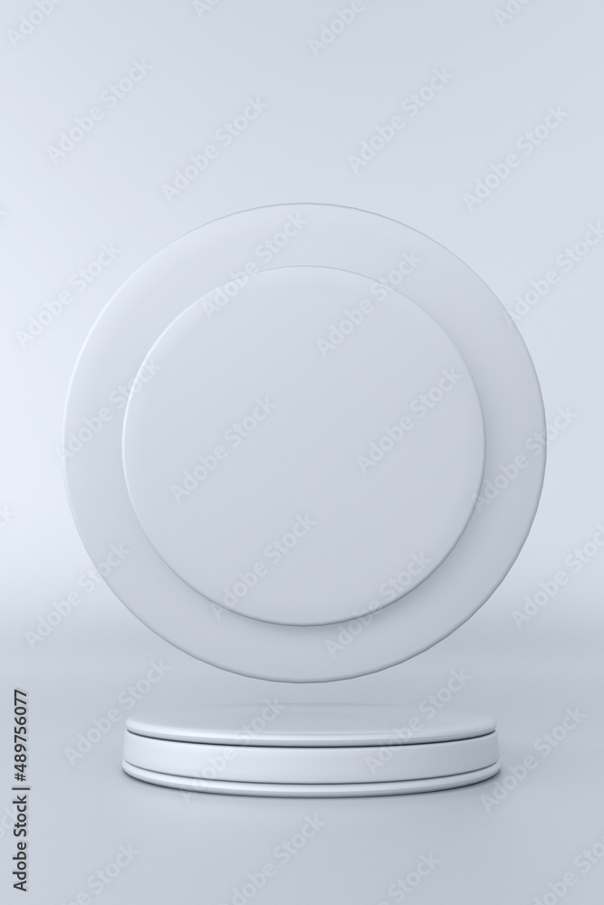 Poster minimal white background with empty round podium and copy space. geometric shapes. 3d rendering. ver