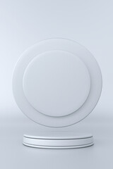 Minimal white background with empty round podium and copy space. Geometric shapes. 3d rendering. Vertical scene with pedestal and clean space for promotion product.