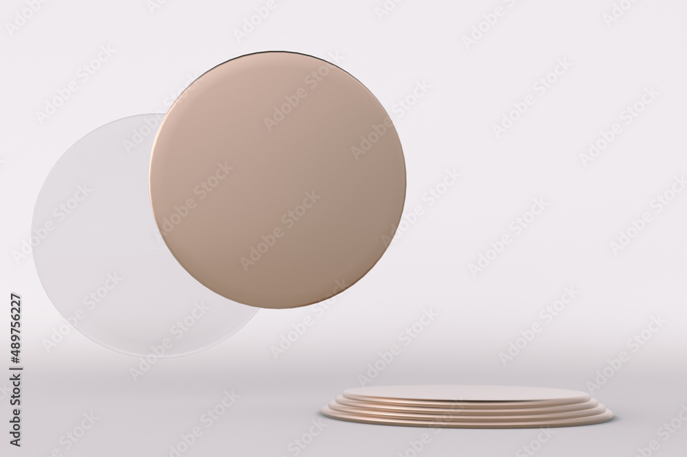 Poster minimal beige background with empty golden round podium and copy space. geometric shapes. 3d renderi