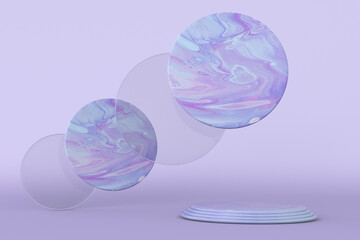 3D minimal geometric shapes on pastel violet background. Marble purple podium. Scene with geometrical forms. Empty showcase, cosmetic product presentation. 3d render.