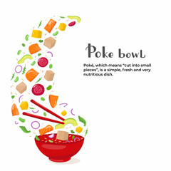 Flying poke bowl ingredients with hand written lettering and text. Healthy food concept. Vector stock illustration for banner, menu fast food restaurant, isolated on chalkboard background. 