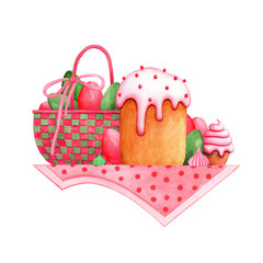 Watercolor Easter composition. Colored eggs in a festive wicker basket with a bow, a traditional cupcake on a polka dot tablecloth. Hand drawn illustration isolated on white background.