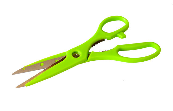 Multi-purpose scissors for home kitchen and office use. Scissors blades are open, object suitable as a symbol for cutting, white isolated.
