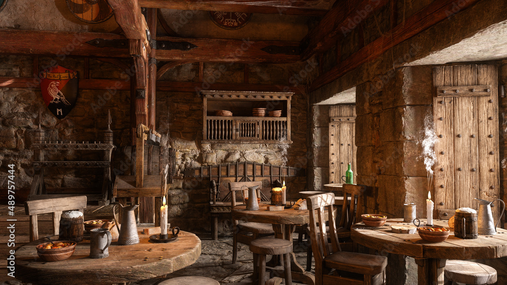 Fototapete Dining tables in an old medieval fantasy tavern lit by daylight from windows. 3D rendering.