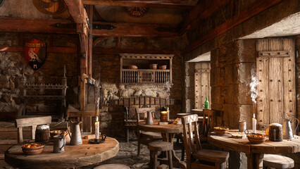 Dining tables in an old medieval fantasy tavern lit by daylight from windows. 3D rendering.