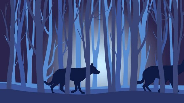 Beautiful night landscape with wolfs walking in the forest (animation, seamless loop)