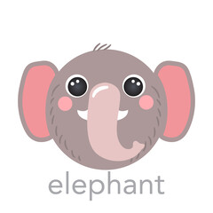 Elephant Cute portrait with name text smile head cartoon round shape animal face, isolated vector icon illustrations on white background. Flat simple hand drawn for kids poster, cards, t-shirts