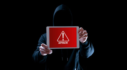 Hacker tablet cyber security. Digital mobile phone in hacker man hand isolated on black banner....